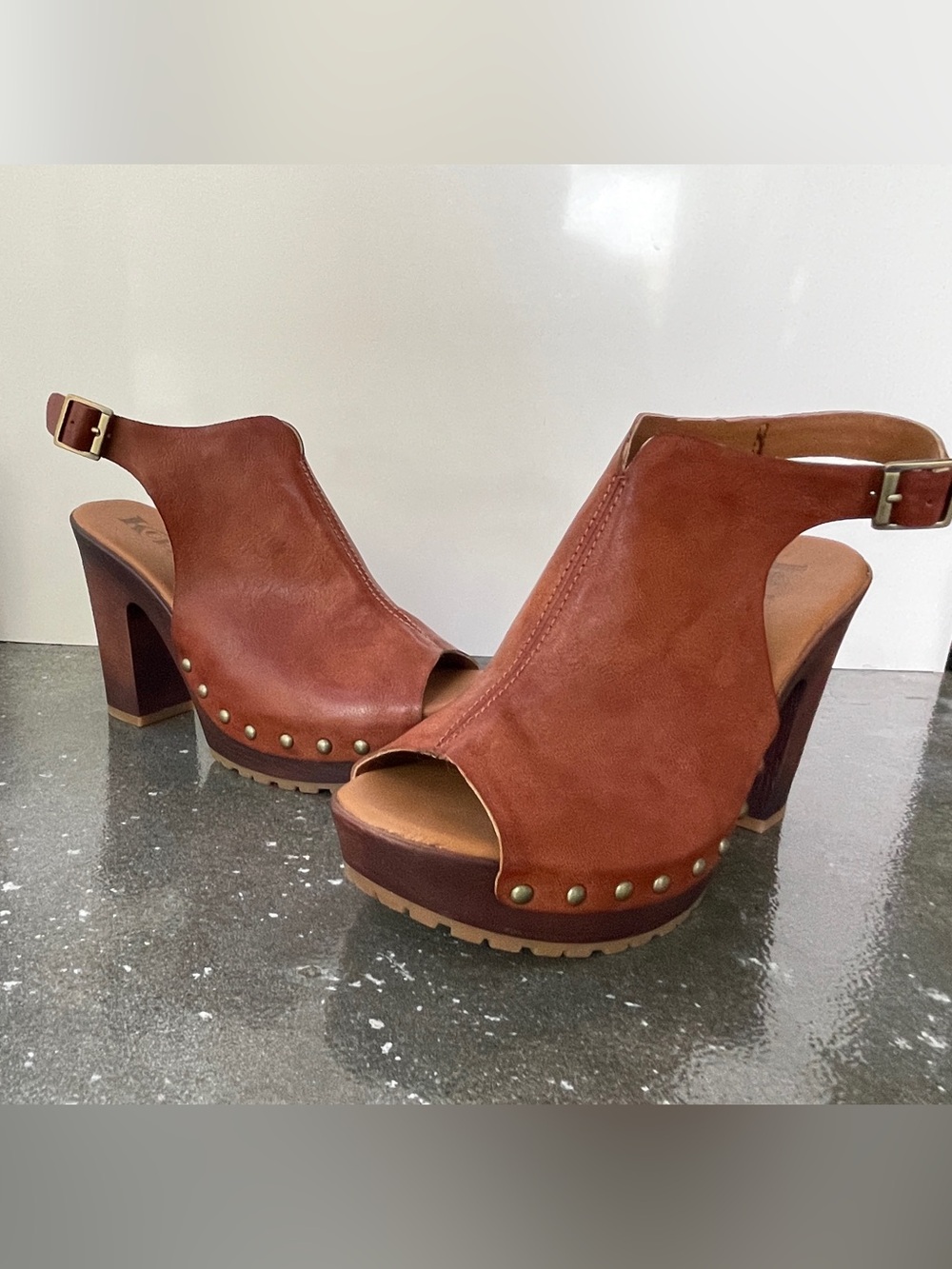 Kork-Ease Tan Leather Studded Platform Slingback Heels